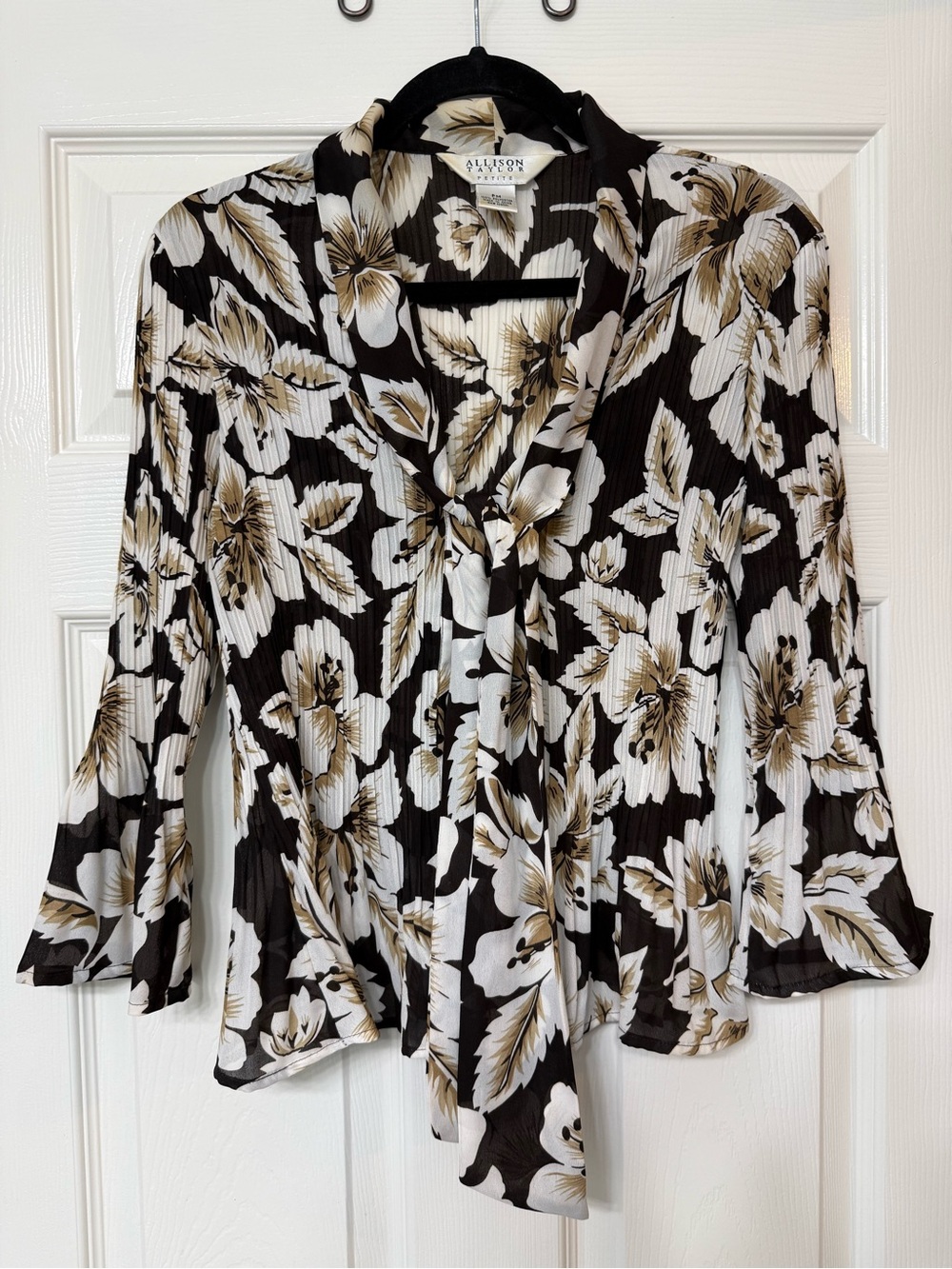 Allison Taylor Black Floral Tie-Neck Blouse with Cream & Tan Accents